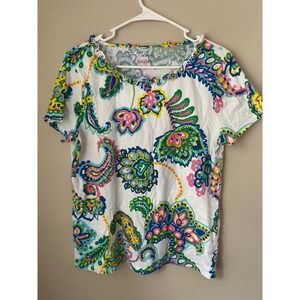 Talbots White Floral Paisley Print Ruffle Neck Short Sleeve Top